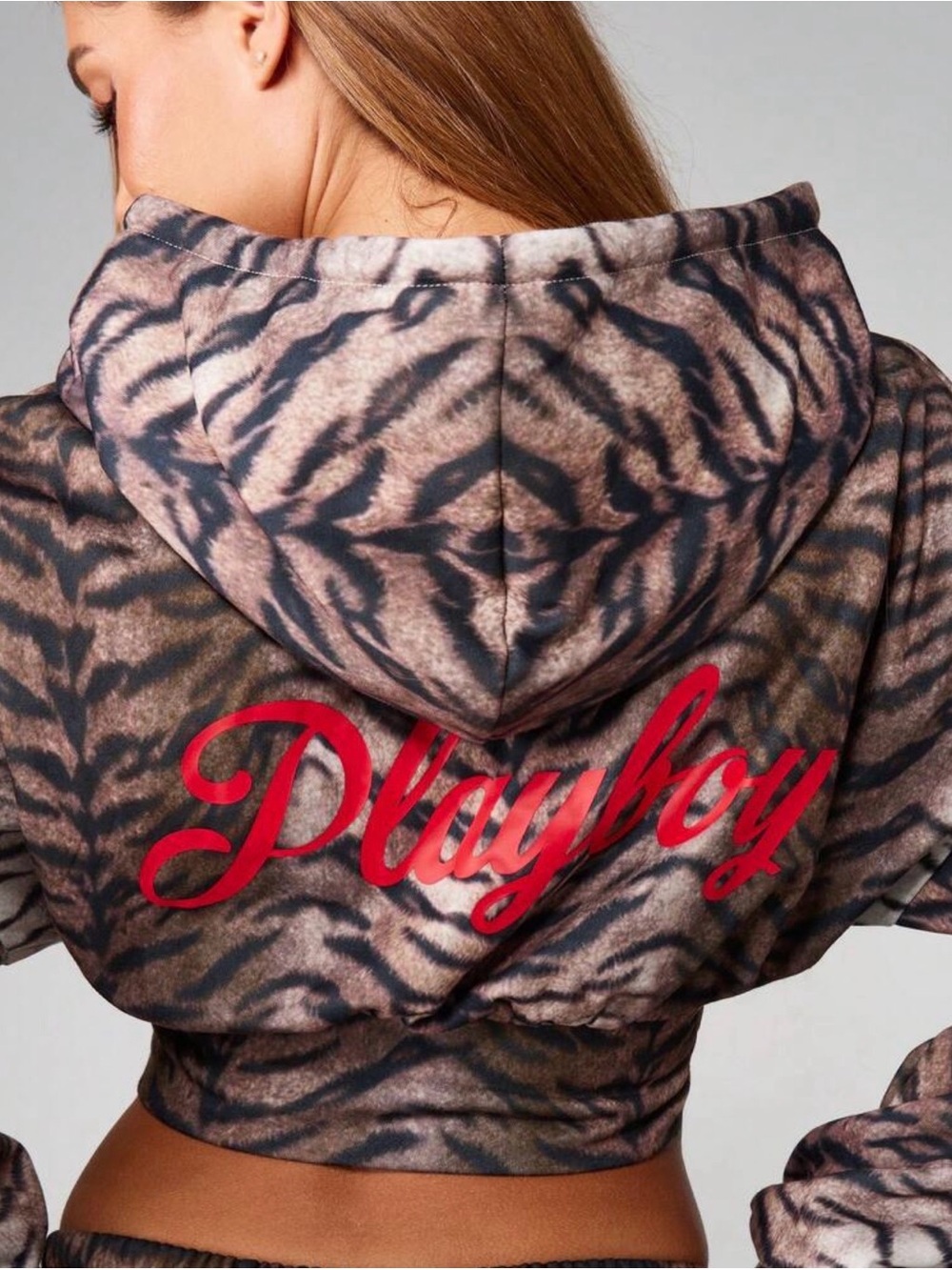 ⭐️Playboy X Misguided Tiger-Print Cropped Hoodie in Brown⭐️ SZ XS-S